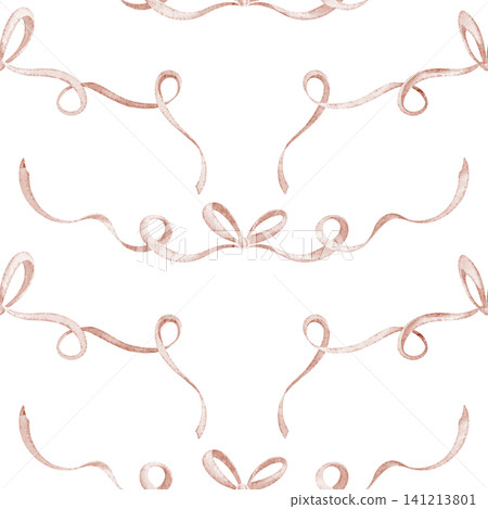 Seamless watercolor pattern with pink ribbons. Illustration of seamless background for baby festive decor. Backdrop with pink bows for childish party textile Seamless watercolor pattern with pink ribbons. Illustration of seamless background for baby festive decor. Backdrop with pink bows for childish party textile 141213801