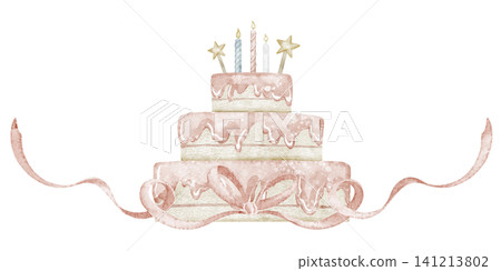 Cake watercolor illustration with ribbon and candles on isolated background in pastel colors. Dessert for childish Birthday invitations or baby greeting cards. Art for festive decoration 141213802