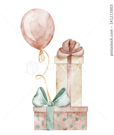 Gift watercolor illustration with present boxes and balloon on isolated background in pastel colors for baby Birthday celebration design or childish party greeting cards. Art for kids invitations 141213803