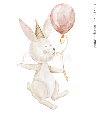Hare watercolor illustration holding balloon on isolated background. Art of Bunny for childish Birthday greeting cards or baby party invitations. Animal character for celebration design Hare watercolor illustration holding balloon on isolated background. Art of Bunny for childish Birthday greeting cards or baby party invitations. Animal character for celebration design 141213804