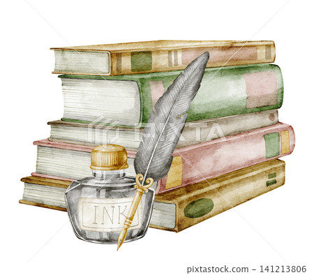 Books watercolor illustration with ink bottle and feather pen. Vintage writing composition on isolated background. Decorative element for design, literature, study theme. Books watercolor illustration with ink bottle and feather pen. Vintage writing composition on isolated background. Decorative element for design, literature, study theme. 141213806