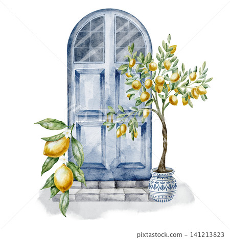 Door with Lemon tree watercolor illustration. Art of blue Mediterranean entrance with citrus branches on isolated background. Architectural scene for travel, decor, cards and summer design. Door with Lemon tree watercolor illustration. Art of blue Mediterranean entrance with citrus branches on isolated background. Architectural scene for travel, decor, cards and summer design. 141213823