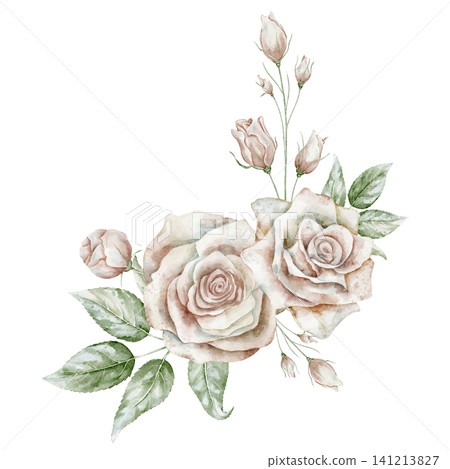 Rose Floral composition. Watercolor illustration with pale pink Flowers, leaves and buds on isolated background. Botanical decorative element for wedding invitations or greeting cards. 141213827
