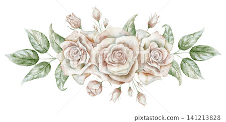 Rose Floral border composition. Watercolor illustration with pale pink Flowers, leaves and buds on isolated background. Botanical decorative element for wedding invitations or greeting cards. Rose Floral border composition. Watercolor illustration with pale pink Flowers, leaves and buds on isolated background. Botanical decorative element for wedding invitations or greeting cards. 141213828