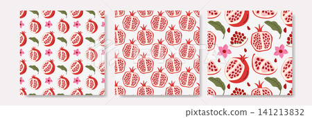 Collection of Seamless Pomegranate Patterns with Whole and Sliced Fruits Seeds and Flowers Collection of Seamless Pomegranate Patterns with Whole and Sliced Fruits Seeds and Flowers 141213832