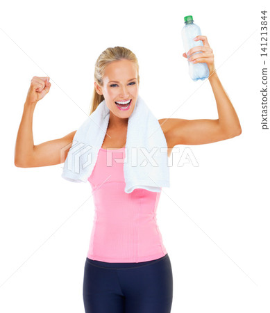 Celebration, portrait and athlete with water bottle, smile and happiness for fitness, health and training. White background, wellness and woman with liquid to drink for hydration of girl and thirst Celebration, portrait and athlete with water bottle, smile and happiness for fitness, health and training. White background, wellness and woman with liquid to drink for hydration of girl and thirst 141213844