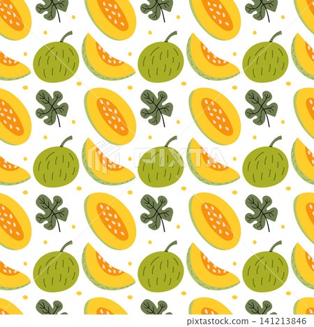 Bright Summer Seamless Melon Pattern with Whole and Sliced Yellow Melons and Green Leaves Bright Summer Seamless Melon Pattern with Whole and Sliced Yellow Melons and Green Leaves 141213846