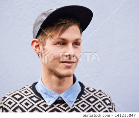 Smile, fashion and happy male person, cap and trendy clothing on studio background. Face, contemporary and hat with casual outfit for handsome man model, hipster and confidence with funky style Smile, fashion and happy male person, cap and trendy clothing on studio background. Face, contemporary and hat with casual outfit for handsome man model, hipster and confidence with funky style 141213847