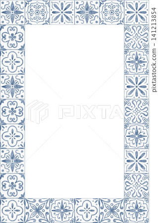 Watercolor ceramic Tile Frame with ornamental pattern. Illustration of square template with copy space for backgrounds, invitations, packaging, textile and interior design. Art of card for kitchen. Watercolor ceramic Tile Frame with ornamental pattern. Illustration of square template with copy space for backgrounds, invitations, packaging, textile and interior design. Art of card for kitchen. 141213854