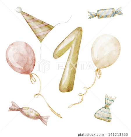 Birthday watercolor illustration. Set of number one, candy and balloons on isolated background for first Birthday design. Art for childish party greeting or invitations design in pastel colors. Birthday watercolor illustration. Set of number one, candy and balloons on isolated background for first Birthday design. Art for childish party greeting or invitations design in pastel colors. 141213863