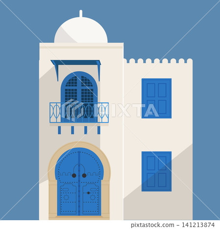 Traditional Tunisian House Architecture with Blue Door and Balcony Traditional Tunisian House Architecture with Blue Door and Balcony 141213874
