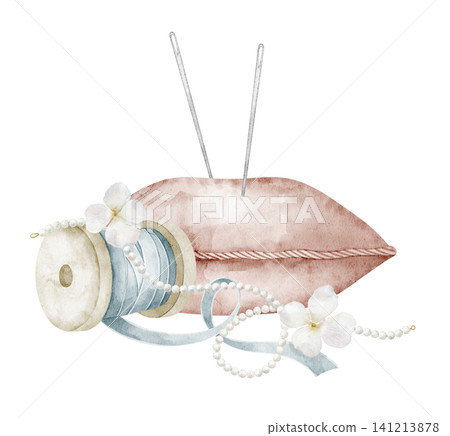 Pincushion watercolor illustration with sewing cushion, needles, ribbon and beads. Art of vintage tailoring composition on isolated background. Drawing of decorative element for craft, textile design. Pincushion watercolor illustration with sewing cushion, needles, ribbon and beads. Art of vintage tailoring composition on isolated background. Drawing of decorative element for craft, textile design. 141213878