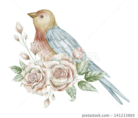 Bird watercolor illustration with Rose flowers and leaves. Vintage floral composition with Songbird on isolated background. Decorative element for wedding invitations or greeting cards. Art for garden Bird watercolor illustration with Rose flowers and leaves. Vintage floral composition with Songbird on isolated background. Decorative element for wedding invitations or greeting cards. Art for garden 141213893