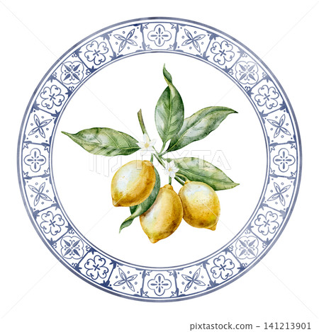 Lemon watercolor illustration of Citrus branch inside blue ceramic circle on isolated background. Mediterranean tile element for packaging, kitchen decor, greeting cards and labels. Art for plate. Lemon watercolor illustration of Citrus branch inside blue ceramic circle on isolated background. Mediterranean tile element for packaging, kitchen decor, greeting cards and labels. Art for plate. 141213901