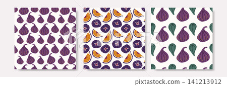 Set of Bright Summer Seamless Fig Patterns with Whole Fruits Half Slices and Green Leaves Set of Bright Summer Seamless Fig Patterns with Whole Fruits Half Slices and Green Leaves 141213912