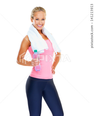 Studio, healthy and portrait of woman with water bottle and smile for hydration of female person. White background, wellness and fitness for girl with training, exercise or workout and athlete Studio, healthy and portrait of woman with water bottle and smile for hydration of female person. White background, wellness and fitness for girl with training, exercise or workout and athlete 141213913