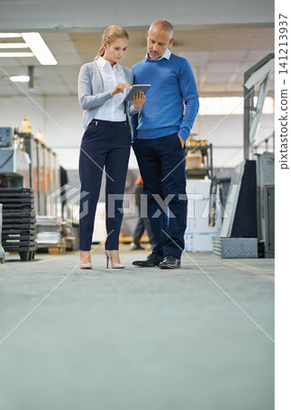 Manager, woman and online tablet in factory for production monitoring, inventory or order management and inspection. Team, digital tech and warehouse for printing material and distribution industry. Manager, woman and online tablet in factory for production monitoring, inventory or order management and inspection. Team, digital tech and warehouse for printing material and distribution industry. 141213937