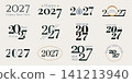 Elegant 2027 Happy New Year typography logo set with minimal number layouts, gold accents and blue text. Modern holiday designs for greeting cards, posters, invitations and social media. 141213940