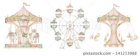 Attractions watercolor illustration with carousel and Ferris wheel in soft pastel tones. Clipart with amusement park elements for childish invitations in carnival style and nursery posters. Attractions watercolor illustration with carousel and Ferris wheel in soft pastel tones. Clipart with amusement park elements for childish invitations in carnival style and nursery posters. 141213988