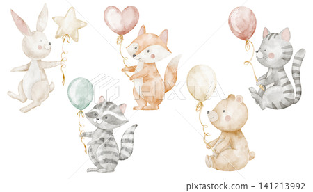 Animal with balloons watercolor illustrations set in soft pastel tones. Hand painted characters isolated on background. Bear and fox for childish birthday and nursery posters. Bunny for baby design. Animal with balloons watercolor illustrations set in soft pastel tones. Hand painted characters isolated on background. Bear and fox for childish birthday and nursery posters. Bunny for baby design. 141213992