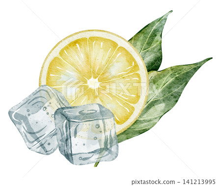 Lemon with citrus green leaves and frozen ice cubes watercolor illustration. Drawing of yellow Fruit for food label and product design. Art of cross section for juice package or kitchen elements. 141213995