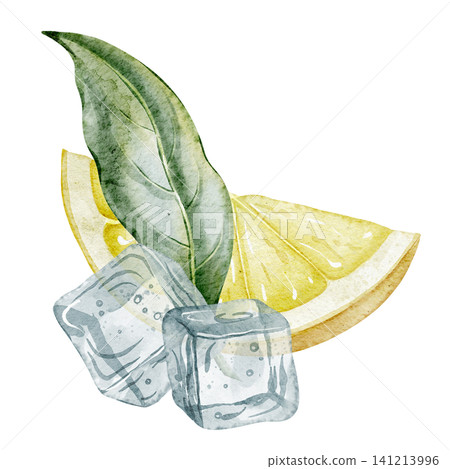 Lemon with citrus green leaves and frozen ice cubes watercolor illustration. Drawing of yellow Fruit for food label and product design. Art of cross section for juice package or kitchen elements. Lemon with citrus green leaves and frozen ice cubes watercolor illustration. Drawing of yellow Fruit for food label and product design. Art of cross section for juice package or kitchen elements. 141213996