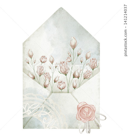 Envelope watercolor illustration with rose flowers and wax seal. Vintage letter composition on isolated background. Art of decorative element for wedding invitation, greeting cards or stationery. Envelope watercolor illustration with rose flowers and wax seal. Vintage letter composition on isolated background. Art of decorative element for wedding invitation, greeting cards or stationery. 141214037