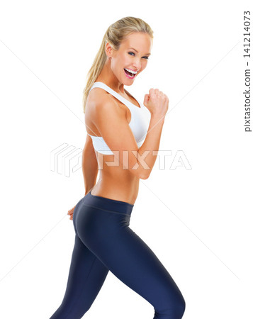 Woman, portrait and excited with fitness in studio for exercise, workout and training for healthy body. Athlete, bodybuilder or fist with muscle, strong or sportswear for wellness on white background Woman, portrait and excited with fitness in studio for exercise, workout and training for healthy body. Athlete, bodybuilder or fist with muscle, strong or sportswear for wellness on white background 141214073