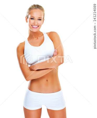 Woman, portrait and arms crossed with fitness in studio for exercise, workout and training with healthy body. Athlete, person and smile with underwear, confidence and bodycare on white background Woman, portrait and arms crossed with fitness in studio for exercise, workout and training with healthy body. Athlete, person and smile with underwear, confidence and bodycare on white background 141214089