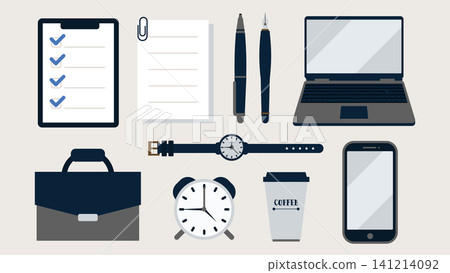 A set of business and office supplies including a laptop, smartphone, checklist, watch, and stationery. A set of business and office supplies including a laptop, smartphone, checklist, watch, and stationery. 141214092