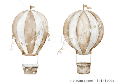 Air Balloon watercolor illustrations. Clipart of airships with garlands and flags in pastel beige colors for Baby shower greeting cards or childish invitations. Art for nursery posters or kids design Air Balloon watercolor illustrations. Clipart of airships with garlands and flags in pastel beige colors for Baby shower greeting cards or childish invitations. Art for nursery posters or kids design 141214095