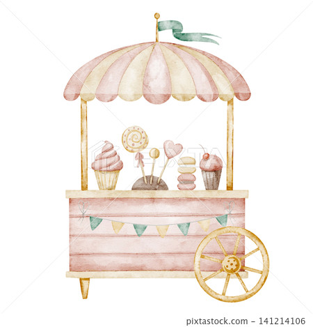 Candy cart watercolor illustration in pastel pink and beige colors. Art of sweet stand for carnival scenes, amusement park designs, childish party invitations and nursery. Clipart for baby design Candy cart watercolor illustration in pastel pink and beige colors. Art of sweet stand for carnival scenes, amusement park designs, childish party invitations and nursery. Clipart for baby design 141214106