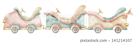 Car train watercolor illustration with wagons in soft pastel vintage style. Art of retro transport for amusement park scenes, carnival graphics, children design. Clipart for kids invitations Car train watercolor illustration with wagons in soft pastel vintage style. Art of retro transport for amusement park scenes, carnival graphics, children design. Clipart for kids invitations 141214107