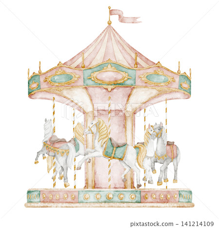 Carousel watercolor illustration with horses in classic pastel vintage style. Art merry go round for amusement park scenes, carnival designs or baby shower invitations. Clipart for retro fair Carousel watercolor illustration with horses in classic pastel vintage style. Art merry go round for amusement park scenes, carnival designs or baby shower invitations. Clipart for retro fair 141214109