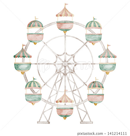 Ferris wheel watercolor illustration in pastel vintage style. Attraction for Baby shower greeting cards or childish invitations. Clipart for amusement park and carnival scenes and nostalgic fair Ferris wheel watercolor illustration in pastel vintage style. Attraction for Baby shower greeting cards or childish invitations. Clipart for amusement park and carnival scenes and nostalgic fair 141214111