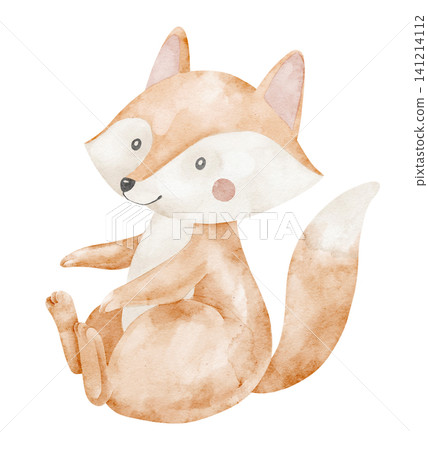 Fox watercolor illustration in soft pastel colors with friendly character style. Art of cute animal for baby shower greeting cards or childish invitations. Clipart for nursery posters Fox watercolor illustration in soft pastel colors with friendly character style. Art of cute animal for baby shower greeting cards or childish invitations. Clipart for nursery posters 141214112