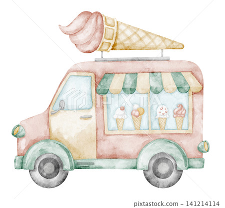 Ice cream truck watercolor illustration with pastel colors and sweet details. Dessert Van for carnival scenes, party graphics and nostalgic summer designs. Art for baby shower greeting cards Ice cream truck watercolor illustration with pastel colors and sweet details. Dessert Van for carnival scenes, party graphics and nostalgic summer designs. Art for baby shower greeting cards 141214114