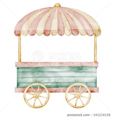 Wagon watercolor illustration in pastel vintage style with wooden details. Art of retro carnival Cart for amusement park graphics, children design and nostalgic fairground theme. Clipart for kids Wagon watercolor illustration in pastel vintage style with wooden details. Art of retro carnival Cart for amusement park graphics, children design and nostalgic fairground theme. Clipart for kids 141214139