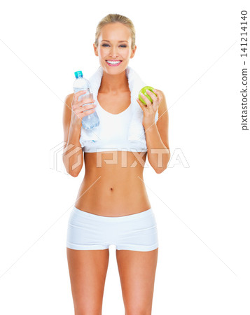 Woman, portrait and workout with apple diet or exercise towel in fitness clothes or studio, water bottle or white background. Female person, face and cardio performance or gym, hydration or mockup Woman, portrait and workout with apple diet or exercise towel in fitness clothes or studio, water bottle or white background. Female person, face and cardio performance or gym, hydration or mockup 141214140