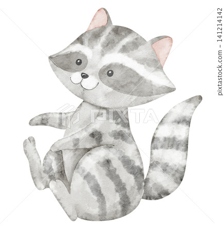 Raccoon watercolor illustration with friendly expression in soft pastel grey tones. Art of cute forest animal for baby shower greeting cards or childosh invitations. Character for nursery posters Raccoon watercolor illustration with friendly expression in soft pastel grey tones. Art of cute forest animal for baby shower greeting cards or childosh invitations. Character for nursery posters 141214142