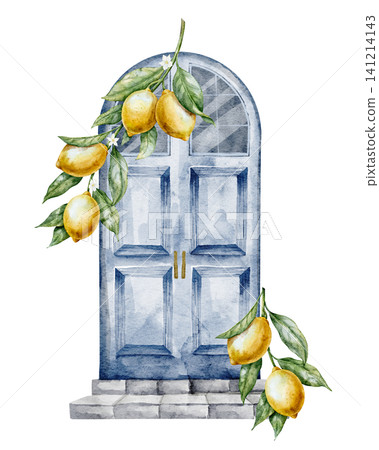 Door watercolor composition with citrus branches, lemons and leaves on blue entrance. Mediterranean architecture illustration isolated for travel design, decor, posters, branding and summer themes. Door watercolor composition with citrus branches, lemons and leaves on blue entrance. Mediterranean architecture illustration isolated for travel design, decor, posters, branding and summer themes. 141214143