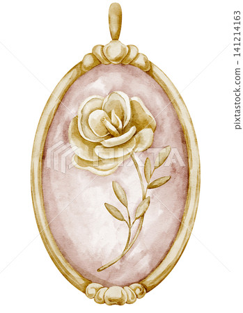 Pendant watercolor illustration of vintage oval locket with gold frame and rose motif. Elegant jewelry accessory on isolated background for fashion design, decor, branding and romantic themes. 141214163