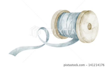 Ribbon watercolor illustration of blue fabric roll on spool with loose curling strip. Vintage craft accessory on isolated on isolated background for sewing design, packaging, scrapbooking and decor. Ribbon watercolor illustration of blue fabric roll on spool with loose curling strip. Vintage craft accessory on isolated on isolated background for sewing design, packaging, scrapbooking and decor. 141214176