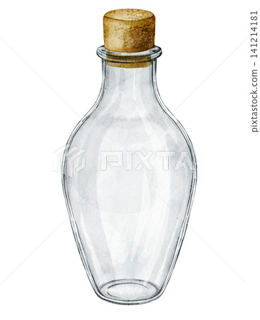 Bottle watercolor illustration of transparent glass vessel with cork stopper.. Vintage clear container. Apothecary style object on isolated background for packaging design, cosmetic branding. Bottle watercolor illustration of transparent glass vessel with cork stopper.. Vintage clear container. Apothecary style object on isolated background for packaging design, cosmetic branding. 141214181