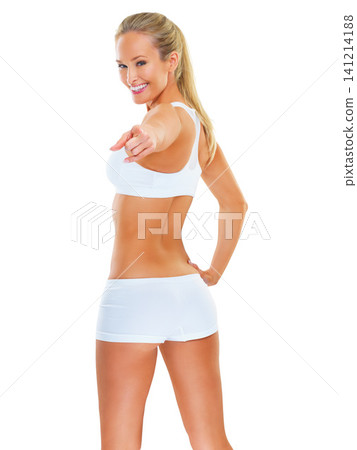Fitness, portrait or woman in underwear with hand pointing at you in studio for workout challenge on white background. Exercise, model face or glute workout invite, motivation or body accountability Fitness, portrait or woman in underwear with hand pointing at you in studio for workout challenge on white background. Exercise, model face or glute workout invite, motivation or body accountability 141214188