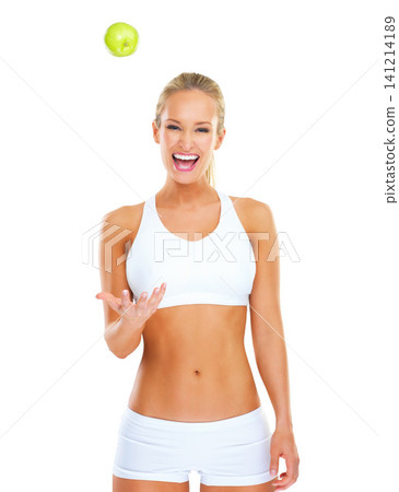 Woman, portrait and apple in studio for diet nutrition on white background, lose weight or training. Female person, smile and fruit snack with mockup space or health benefit as progress, goal or meal Woman, portrait and apple in studio for diet nutrition on white background, lose weight or training. Female person, smile and fruit snack with mockup space or health benefit as progress, goal or meal 141214189