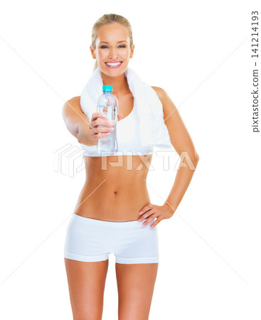 Portrait, bottle and fitness for woman in studio, healthy and wellness with exercise and training. White background, workout and athlete with abs, muscle and sportswear with towel for girl with water Portrait, bottle and fitness for woman in studio, healthy and wellness with exercise and training. White background, workout and athlete with abs, muscle and sportswear with towel for girl with water 141214193