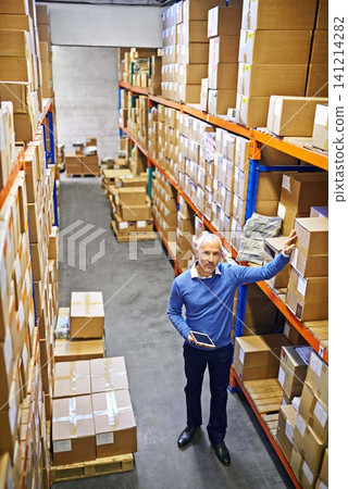 Tablet, portrait or top view of man in warehouse for delivery boxes, storage or stock in factory for website. Printing, manager or supply chain inspection for cargo, package or wholesale shipping Tablet, portrait or top view of man in warehouse for delivery boxes, storage or stock in factory for website. Printing, manager or supply chain inspection for cargo, package or wholesale shipping 141214282