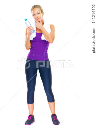 Water, thinking and fitness of woman in studio for body health, exercise or planning workout isolated on a white background mockup space. Sports, idea and person with bottle for hydration or wellness Water, thinking and fitness of woman in studio for body health, exercise or planning workout isolated on a white background mockup space. Sports, idea and person with bottle for hydration or wellness 141214302