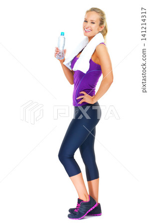 Fitness, portrait and happy woman with water in studio for body, hydration or training recovery on white background. Health, wellness and female model with sports, liquid or drink for workout pause Fitness, portrait and happy woman with water in studio for body, hydration or training recovery on white background. Health, wellness and female model with sports, liquid or drink for workout pause 141214317
